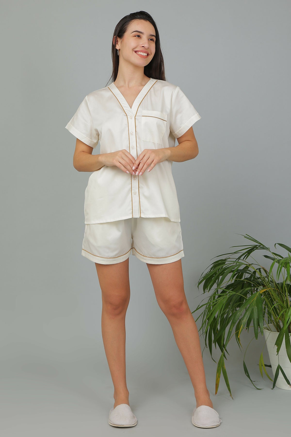 Breathables Women Cotton Night Suit Shirt And Shorts Co-Ord Set I Nightwear | Loungewear Set In Solid Colours | Grocsy