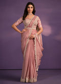Pink Crepe Georgette Silk Embroidered Saree With Stitched Blouse - Mohmanthan Exotica | Grocsy