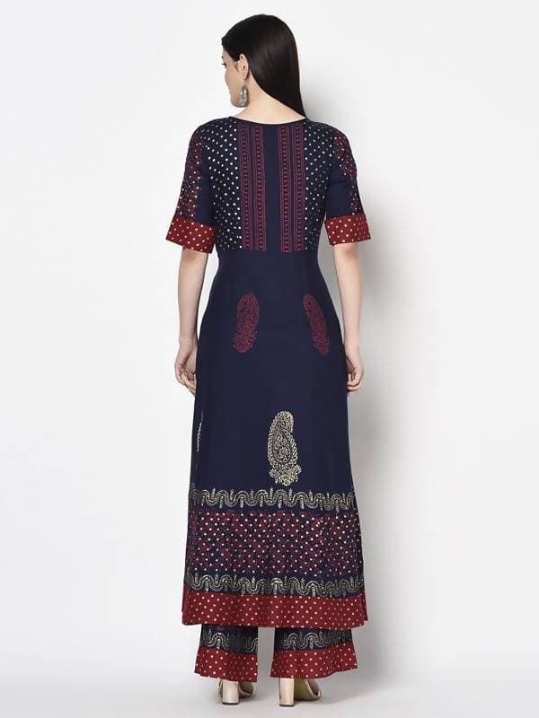 Aniyah Rayon Navy Blue Color Block Print Anarkali kurta (AN-177K) | Grocsy