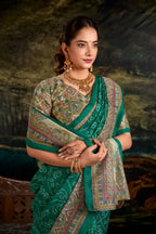 Vastranavya Green Silk Madhubani & Bandhej Fusion Print Saree with Unstitched Blouse | Grocsy