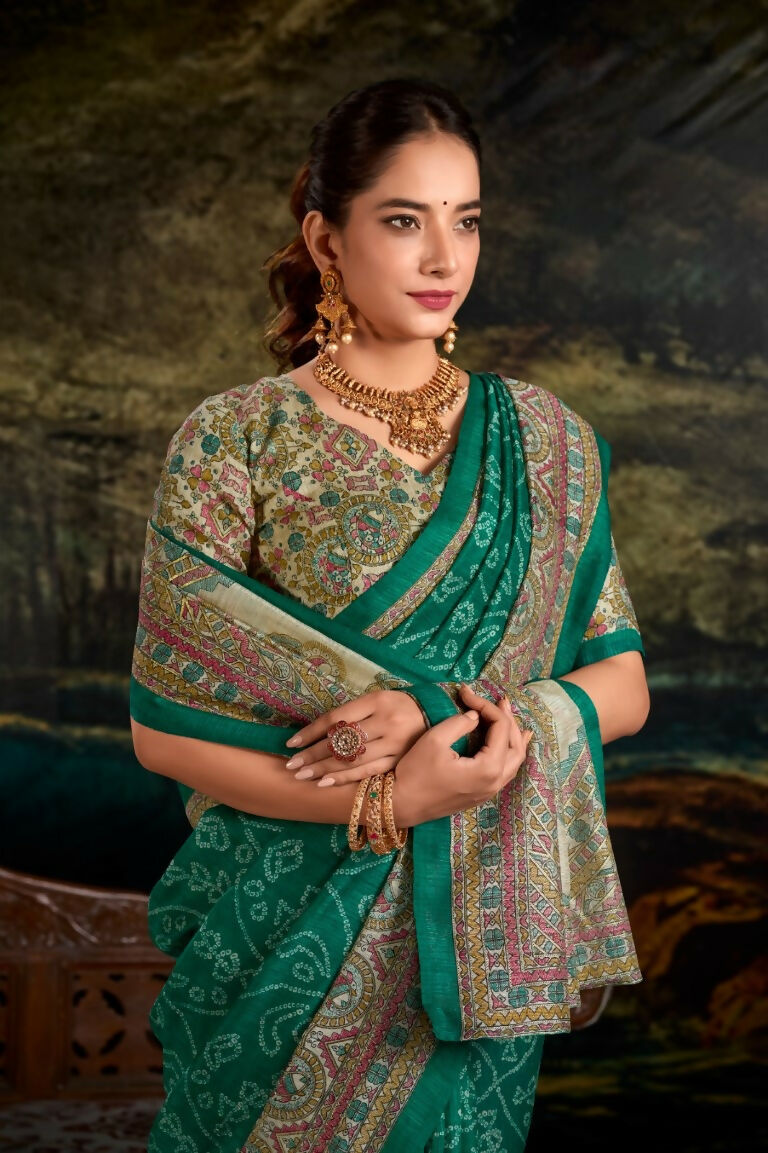 Vastranavya Green Silk Madhubani & Bandhej Fusion Print Saree with Unstitched Blouse | Grocsy