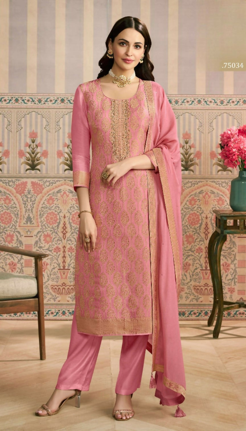 Anaita Peach Viscose Lotus Shimmer Stitched Suit with Jacquard Work | Grocsy