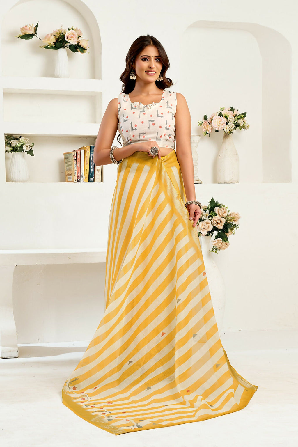Vastranavya Yellow White Digital Printed Linen Ready To Wear Designer Saree with Unstitched Blouse | Grocsy