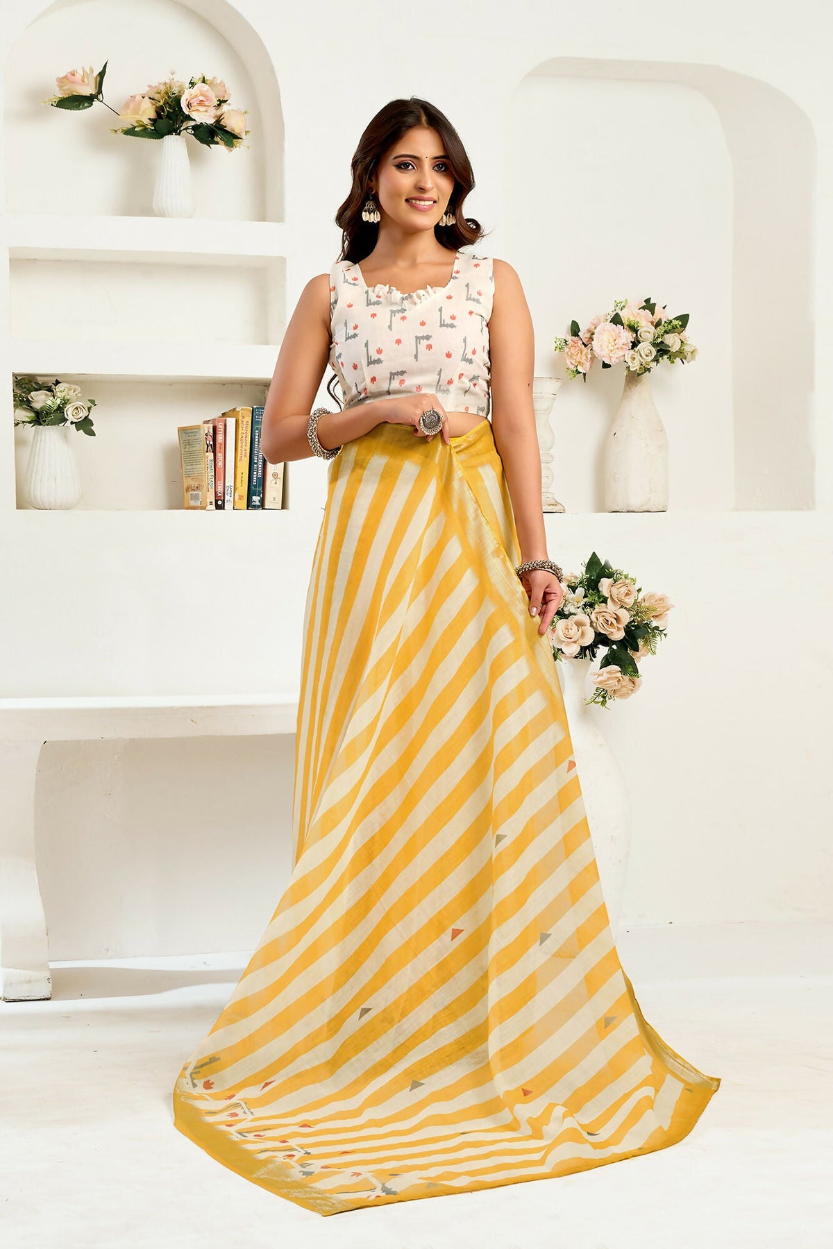 Vastranavya Yellow White Digital Printed Linen Ready To Wear Designer Saree with Unstitched Blouse | Grocsy