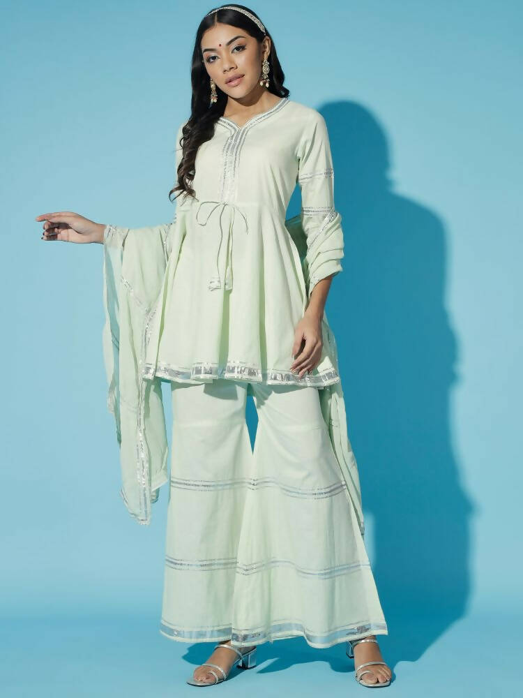 Myshka Women Green Solid Kurta & Palazzos With Dupatta | Grocsy