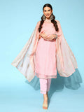 Ahalyaa Women Pastel Pink Colour Organza Glitter Printed Kurta Pant Set With Dupatta | Grocsy