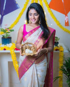 DEIANA'S Beautiful Designer Golden zari Soft Lichi Silk Saree - White | Grocsy