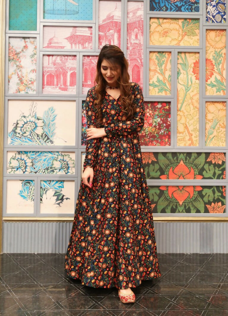 Jyoti Fashion Women's Coffee Heavy Digital Printed Cotton Silk Anarkali Dress | Grocsy