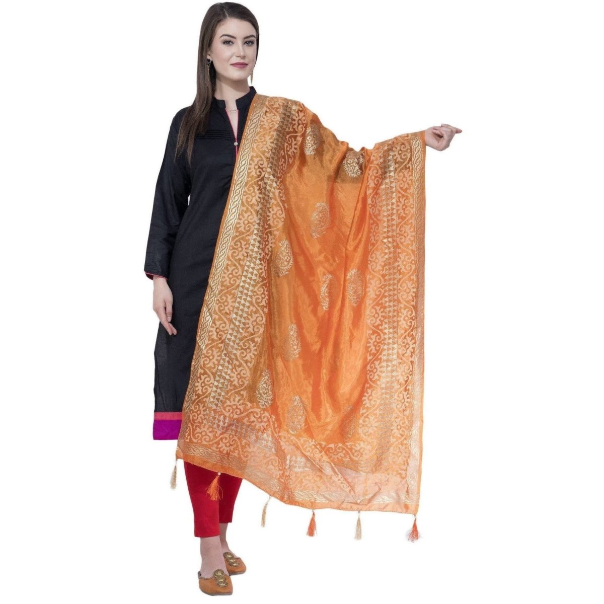 A R Silk Orange Color Silk Pahadi Print Dupattas and Chunnis | Grocsy