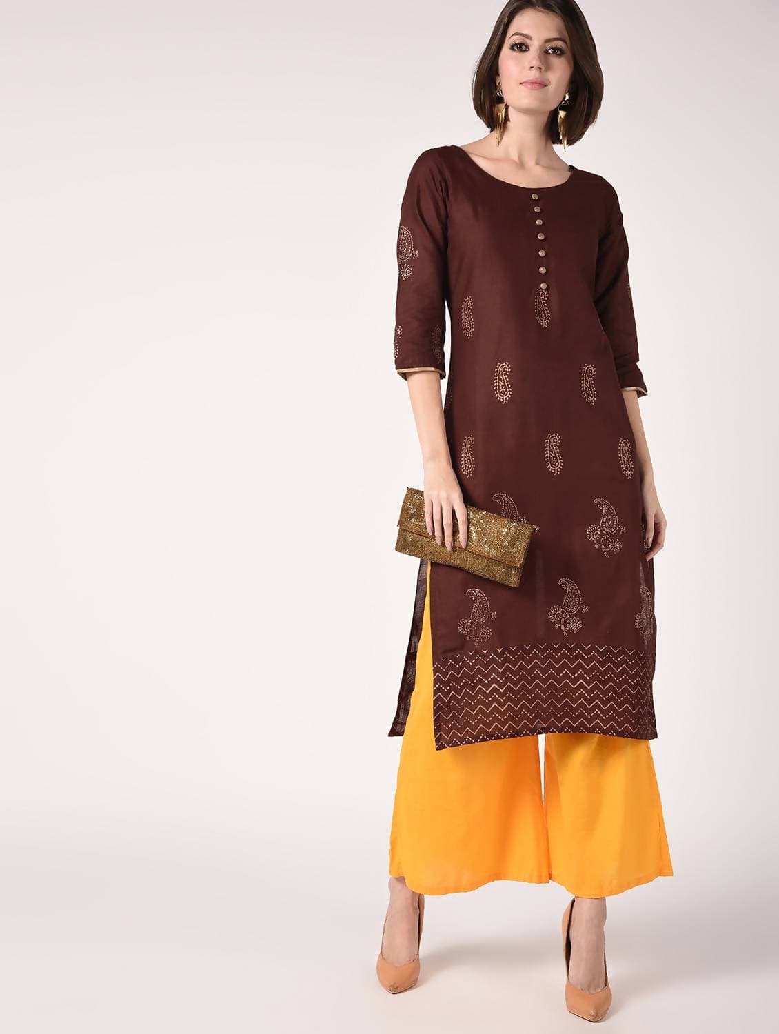 Cheera Hand Block Print Brown Color Straight Kurta | Grocsy
