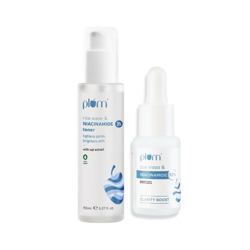 Plum 3% Niacinamide Alcohol-Free Toner With Rice Water and 10% Niacinamide Brightening Face Serum Combo | Grocsy