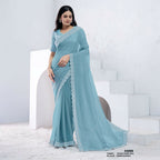 Aqua Blue Crush Pure Silk Diamond With Hand Work Saree With Unstitched Blouse - Norita Swaraa | Grocsy