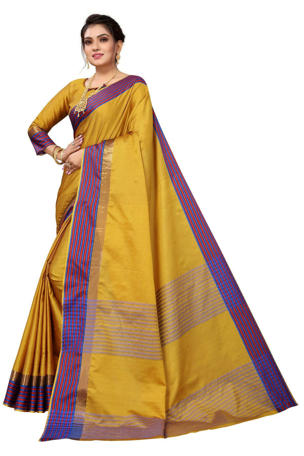 Vamika Ethnic Fire Mustard Cotton Silk Saree | Grocsy