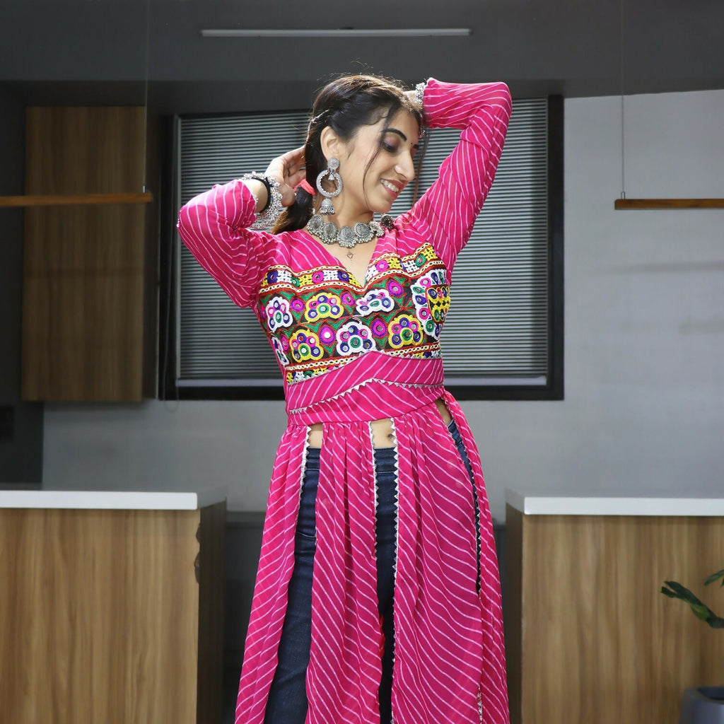Vastranavya Pink Navratri Special Kutchi Work with Gota Patti & Mirror Work Kurti | Grocsy