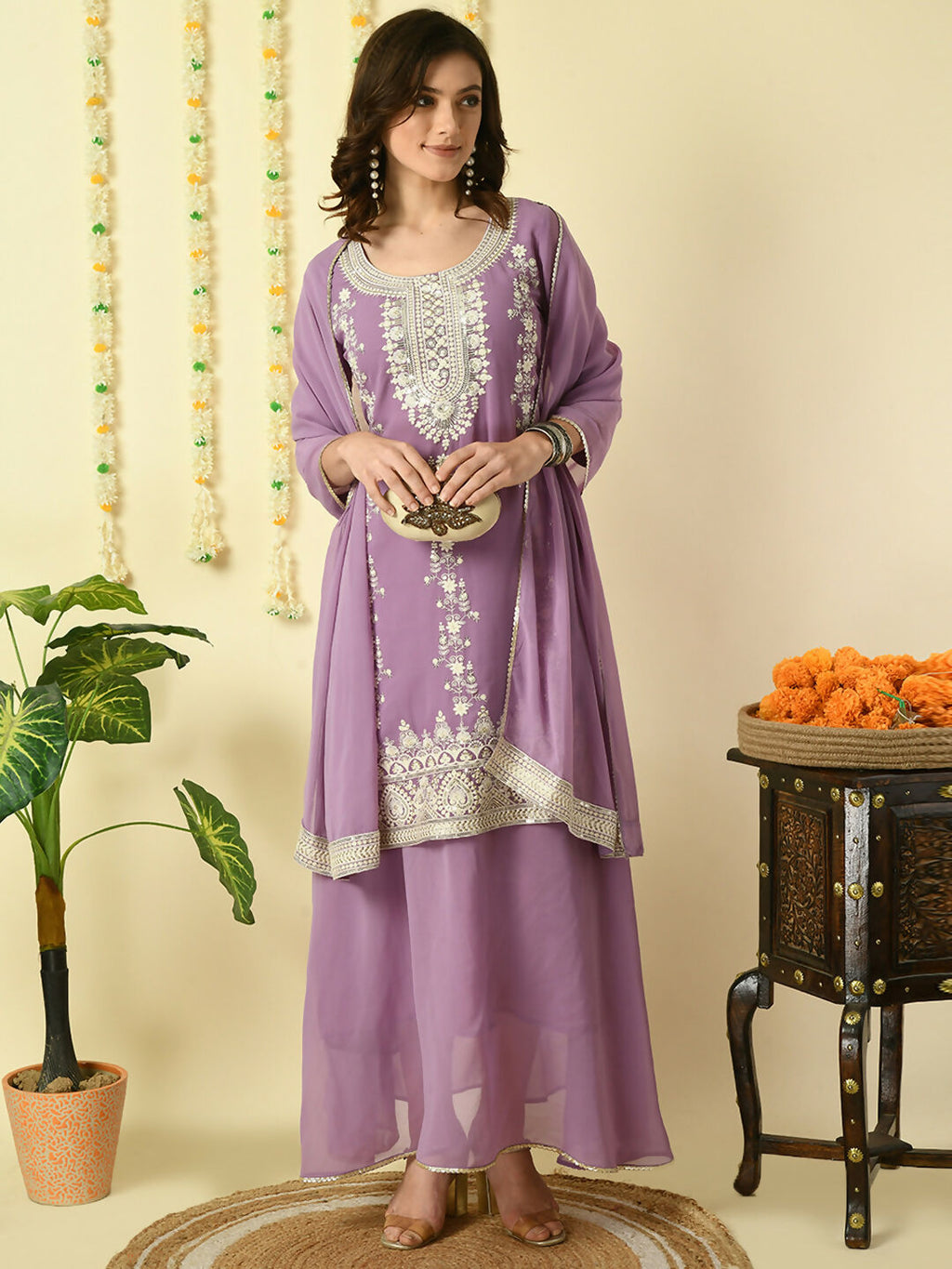Myshka Women's Purple Georgette Kurta & Skirt With Dupatta Party Sets | Grocsy