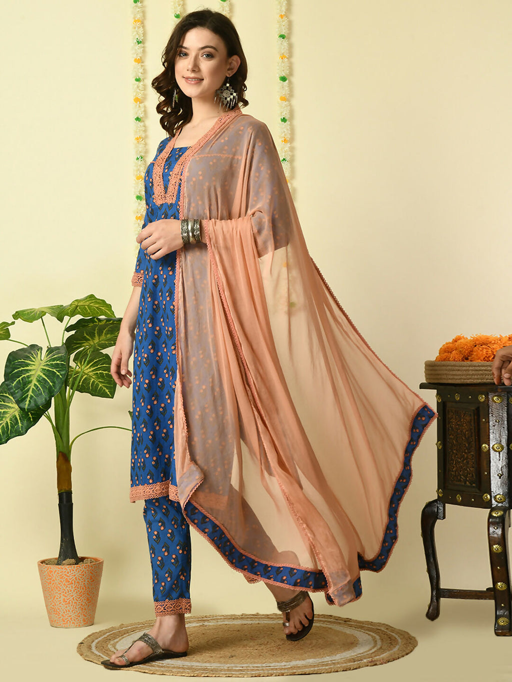 Myshka Women's Blue Pure Cotton Kurta & Trousers With Dupatta Party Sets | Grocsy