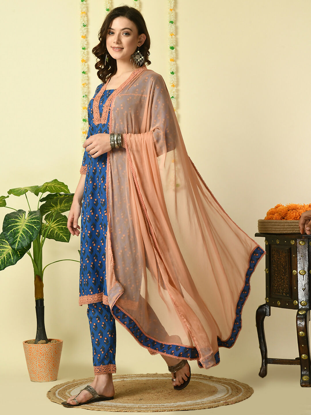 Myshka Women's Blue Pure Cotton Kurta & Trousers With Dupatta Party Sets | Grocsy