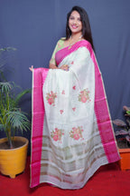 Jyoti Fashion Women's Magenta Linen Silk Digital Print with Jacquard Woven Border Saree with Blouse | Grocsy