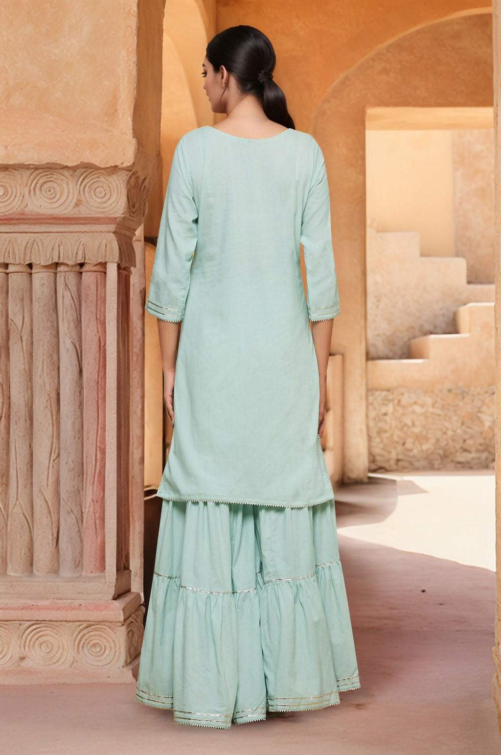 Joban Fashion Green Cotton Kurti Sharara Set | Grocsy