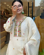 The52 Off White Women's Gorgeous Chinon Fabric Embroidered Work Straight Kurta Pant and Dupatta Set | Grocsy