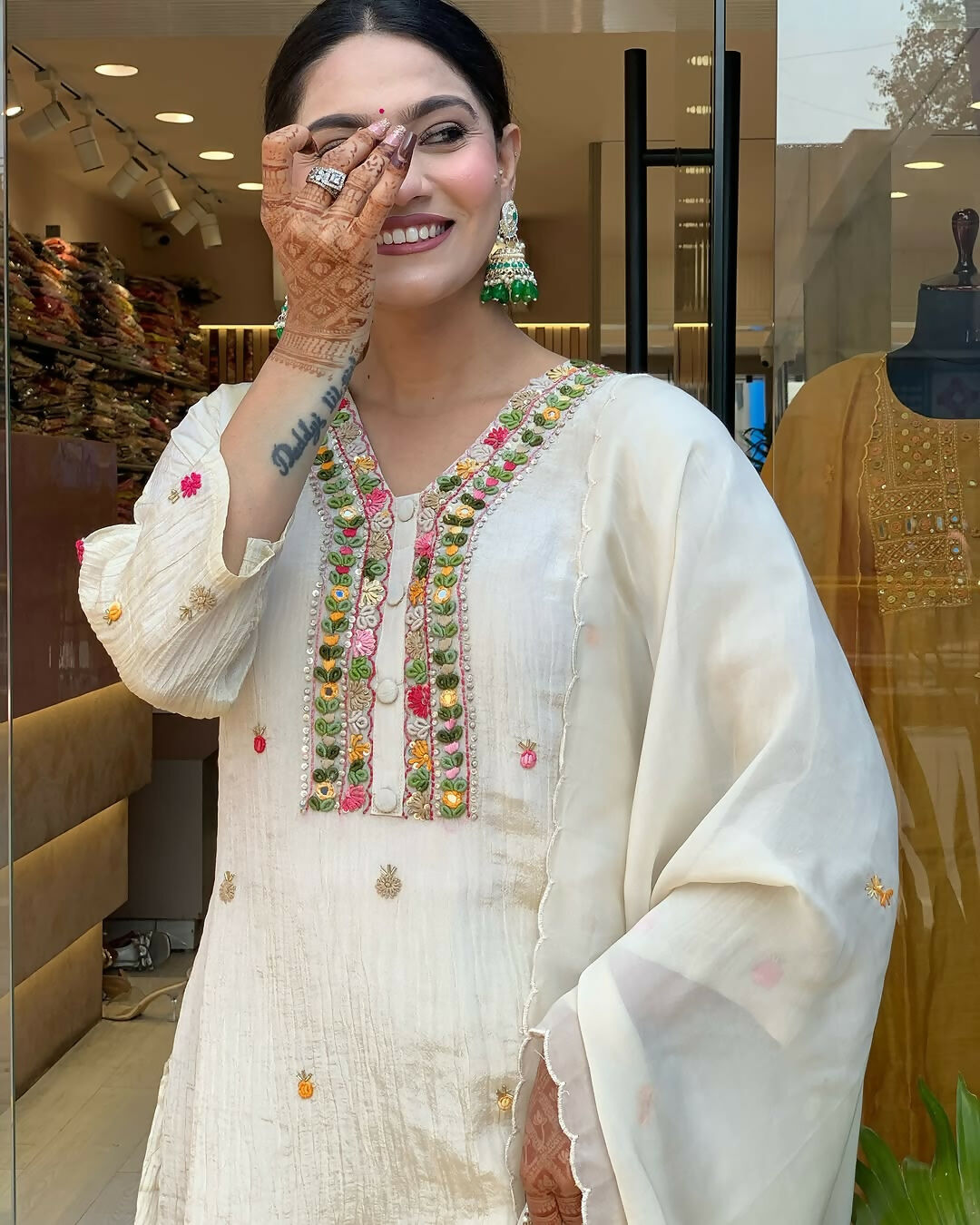 The52 Off White Women's Gorgeous Chinon Fabric Embroidered Work Straight Kurta Pant and Dupatta Set | Grocsy