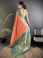 Elora Coral Pink Soft Silk Intricate Motifs Zari Weaving Banarasi Saree With Contrast Weaving Border | Grocsy