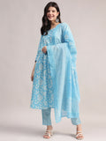Aavyora Women's Sky Blue Floral Printed A-Line Kurta with Pintucks, Striped Pants & Dupatta Set | Grocsy