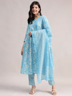 Aavyora Women's Sky Blue Floral Printed A-Line Kurta with Pintucks, Striped Pants & Dupatta Set | Grocsy