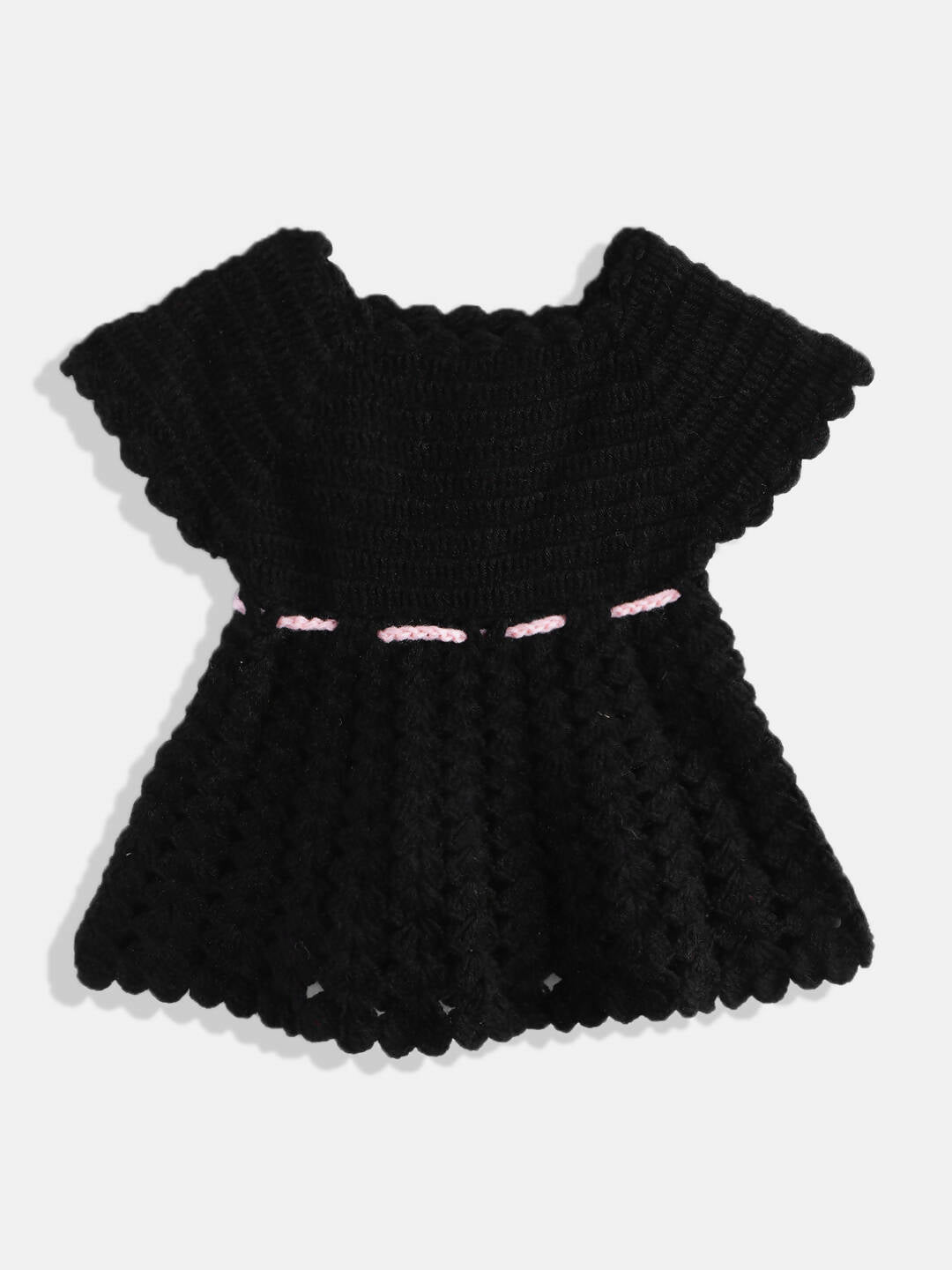 Chutput Kids Woollen Hand Knitted Full Sleeves Cardigan With Short Sleeves Flower Work Dress For Baby Girls - Pink | Grocsy