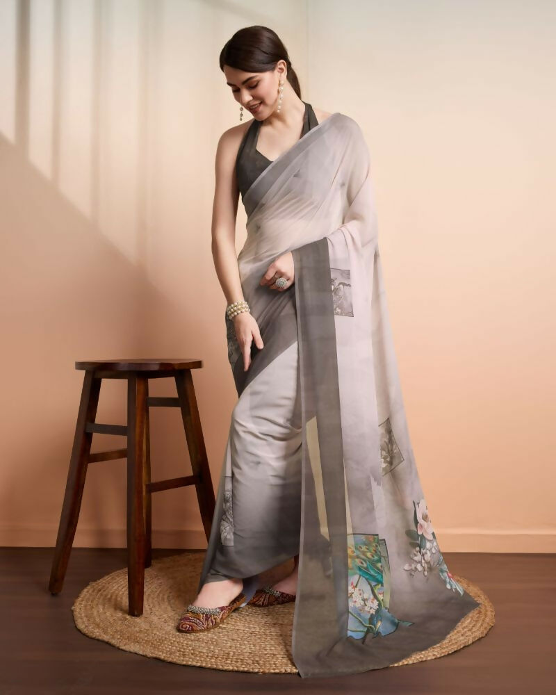Grey Georgette Designer Printed Party Wear Saree - Cinderella | Grocsy