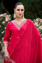 The52 Red Women's Gorgeous Embroidered Rayon Slub Fabric Straight Kurta Pant with Dupatta Set | Grocsy