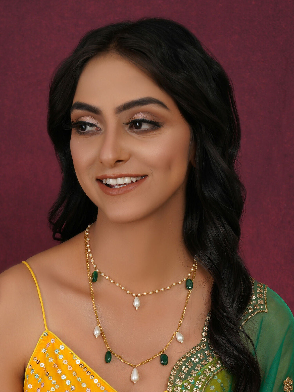 Layered Pearl and Gold Neckpiece with Emeralds (Gold) - Ruby Raang | Grocsy
