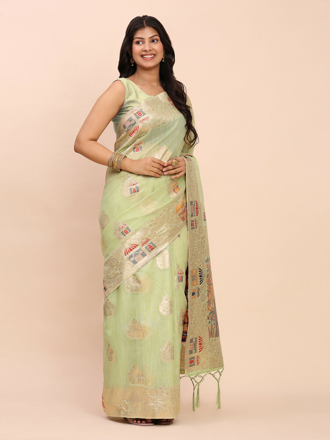 Shree Shyam Fashion Linen Cotton Light Green Saree | Grocsy