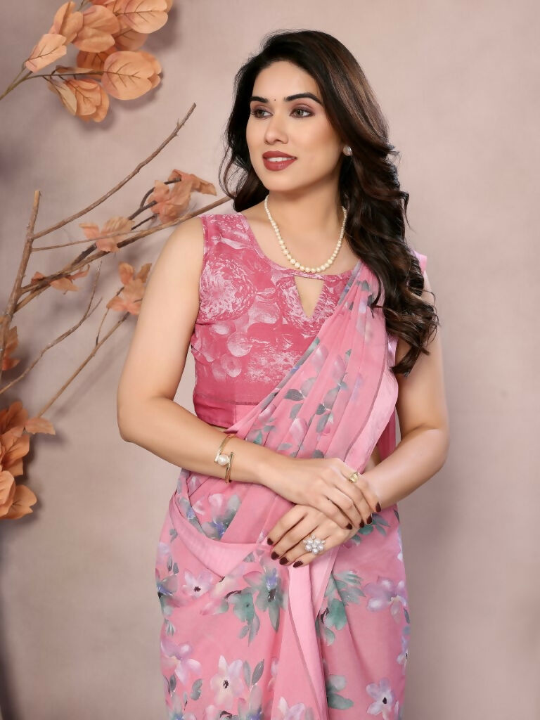 Designer Partywear Pink Bright Moss Satin Patta Fancy Saree - Kanak | Grocsy