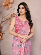 Designer Partywear Pink Bright Moss Satin Patta Fancy Saree - Kanak | Grocsy
