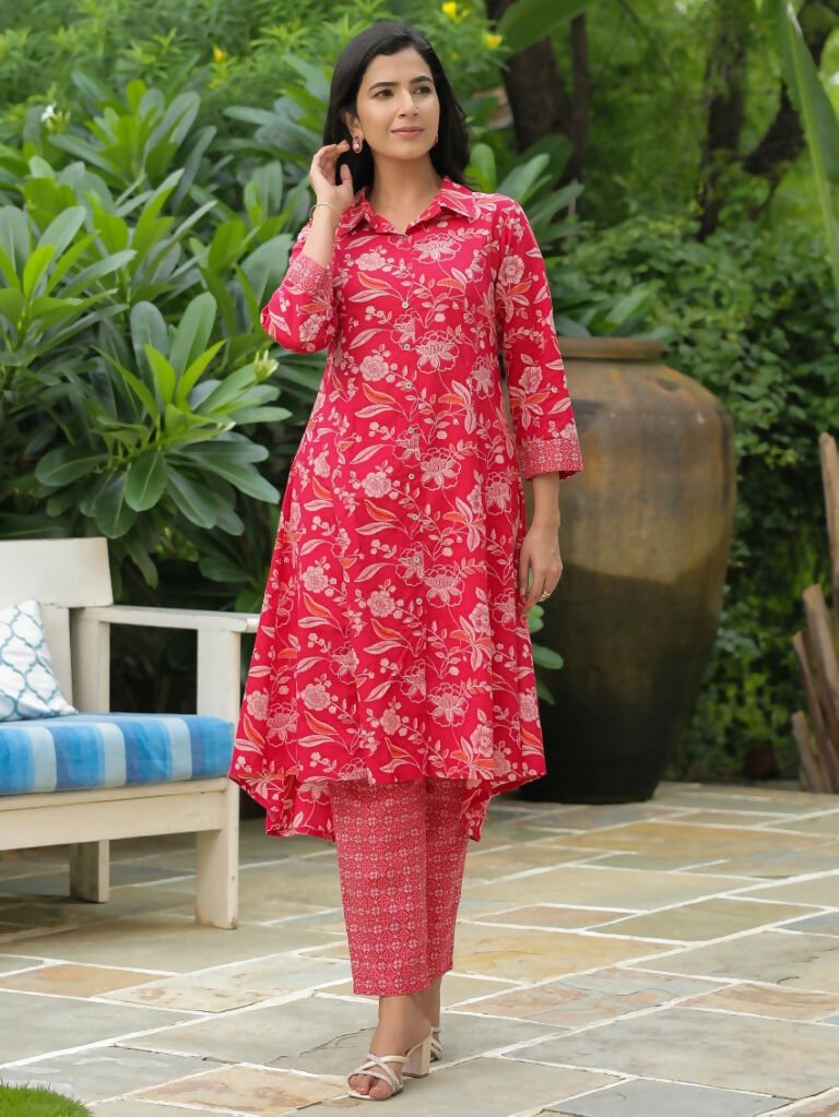 Aramya High Low Soft Cotton Floral Print Women's Kurta - Red | Grocsy