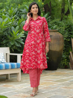 Aramya High Low Soft Cotton Floral Print Women's Kurta - Red | Grocsy