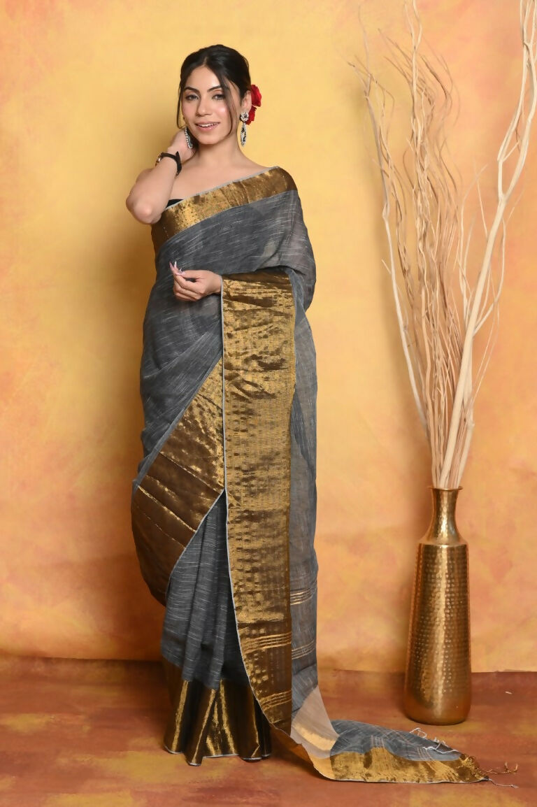 Very Much Indian Handloom Pure Cotton Linen Saree With Golden Border - Grey Gold | Grocsy