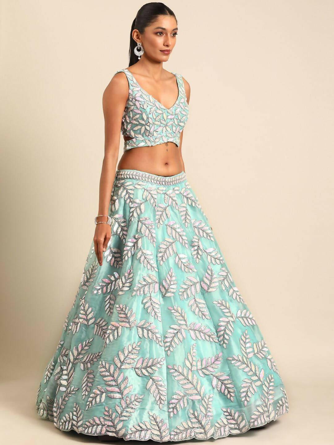 House of Panchhi Turquoise Blue Organza Sequins & Zarkan embroidery Lehenga choli & Dupatta | Grocsy