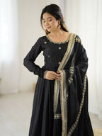 The52 Women's Gorgeous Chinon Silk Fabric Embroidery Work Flared Anarkali Pant and Dupatta Set | Grocsy
