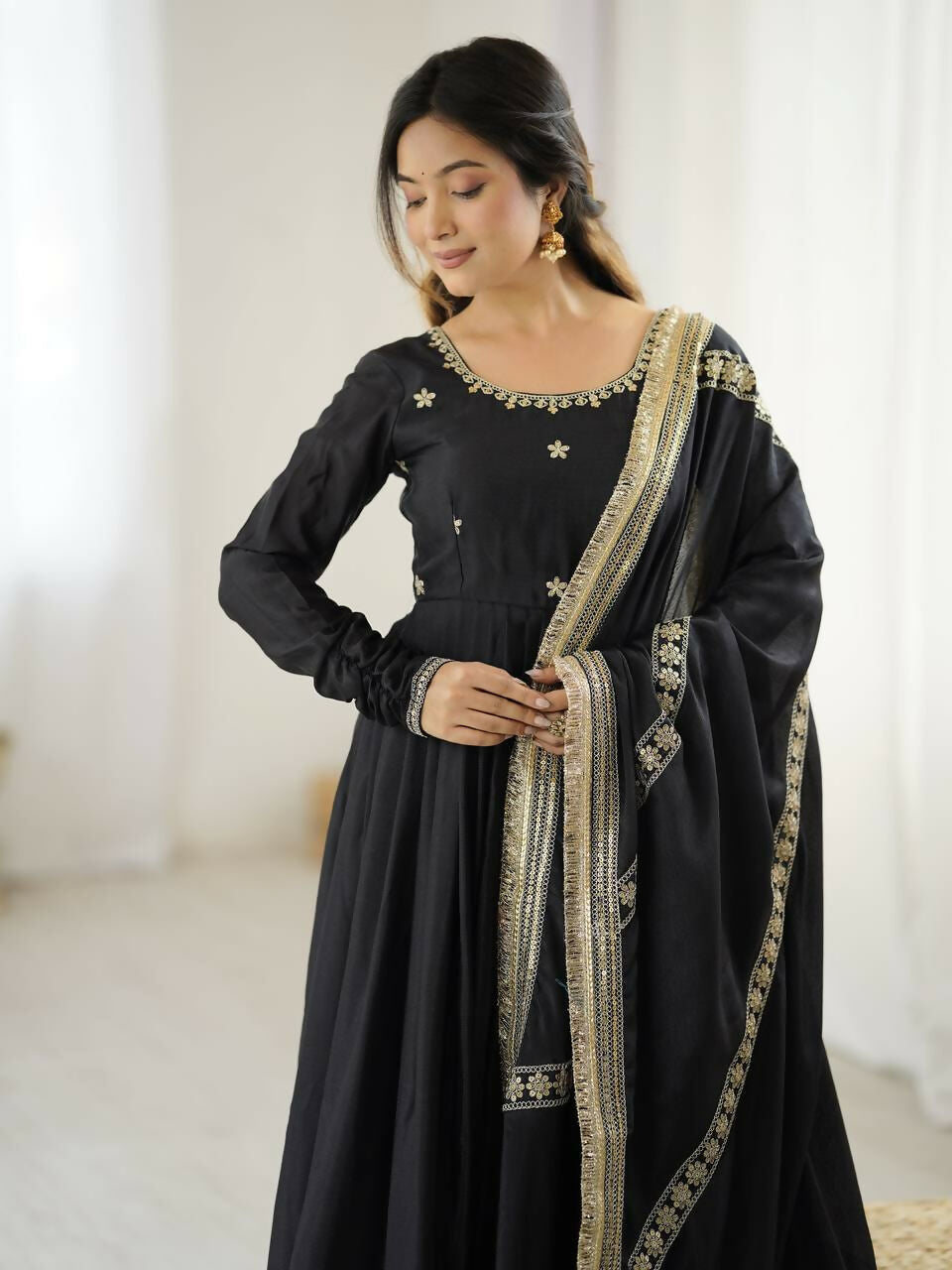 The52 Women's Gorgeous Chinon Silk Fabric Embroidery Work Flared Anarkali Pant and Dupatta Set | Grocsy