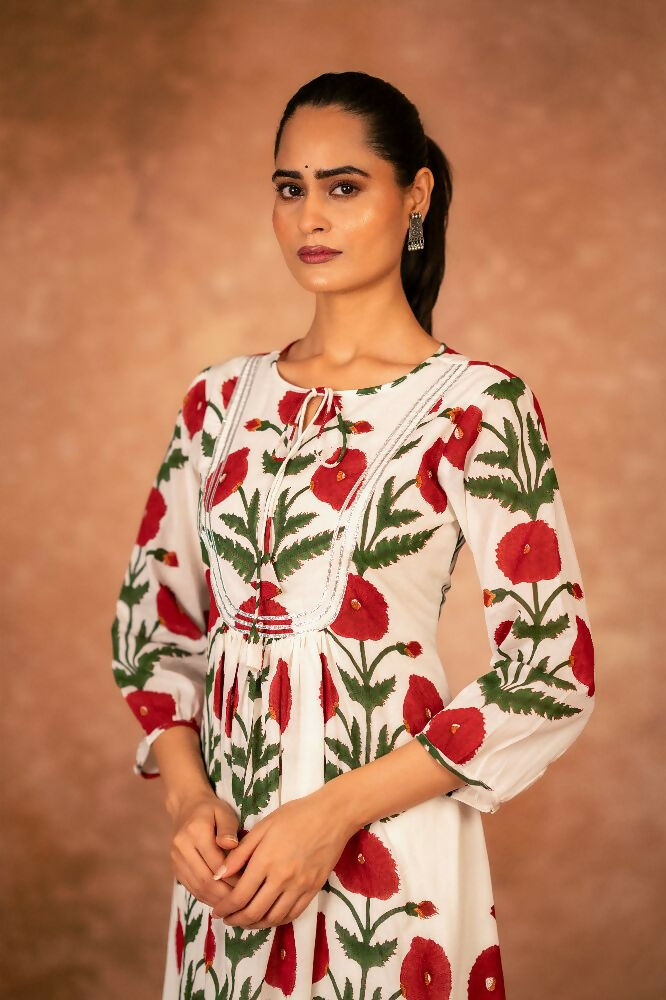 Joban Fashion Red Rose Floral Hand Block Printed Cotton Kurta Pant Set | Grocsy