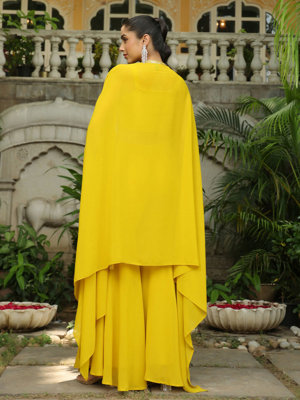Janasya Yellow Georgette Sequined Top Bottom Cape | Grocsy