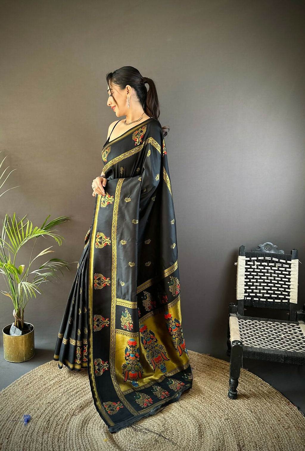 Joban Fashion Black Meenakari Weaving Paithani Sarees | Grocsy