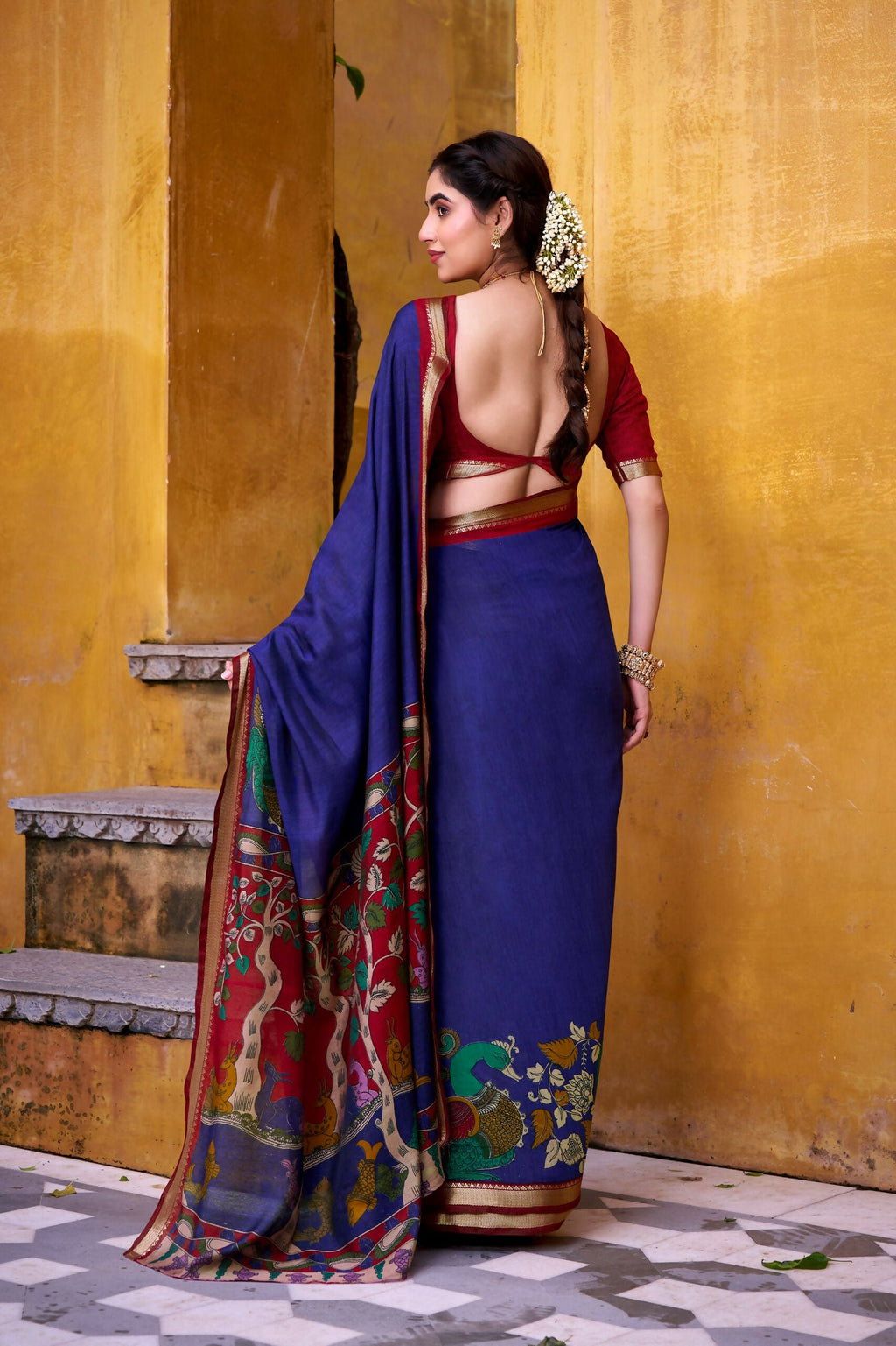 Vastranavya Blue Viscose Chanderi Kalamkari Print with Zari Working Saree & Unstitched Blouse | Grocsy