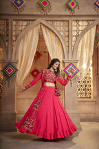 Rani Pink Viscose Rayon Thread Embroidered Work With Mirror All Over Navratri Lehenga Choli With Dupatta - Raas | Grocsy