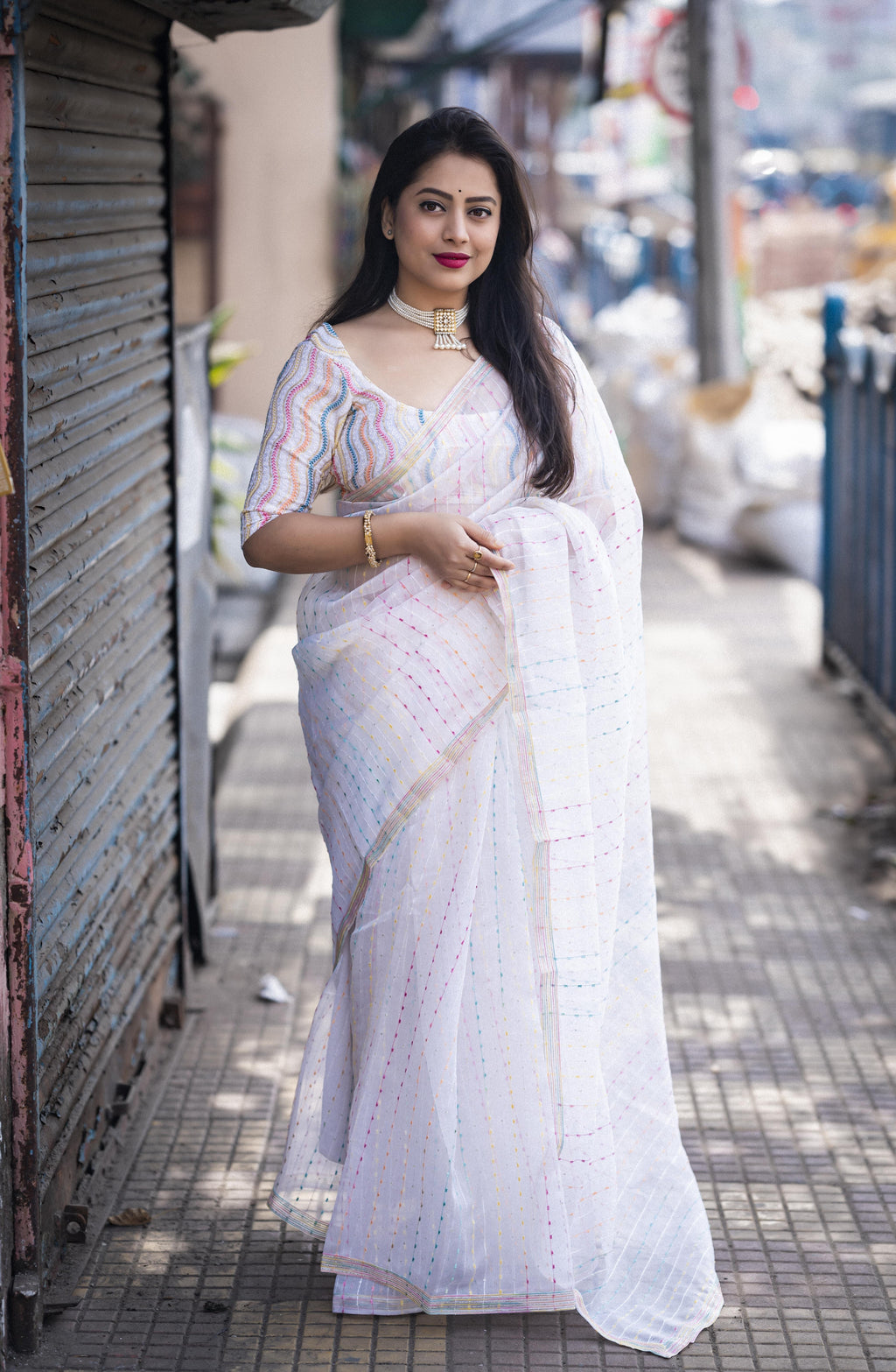 White Organza Thread Saree with Unstitched Blouse - Hiral Fashion | Grocsy