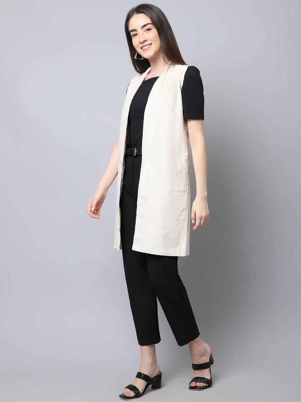 Even Apparels White Polywool Open Front Corduroy Women's Long Coat | Grocsy