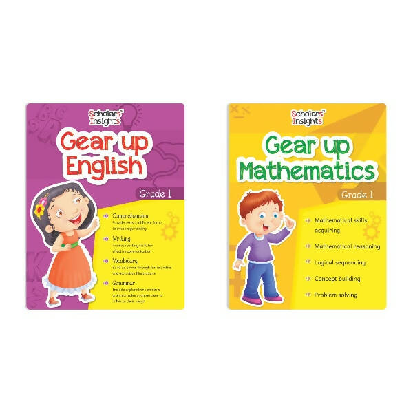 Scholars Insights Gear Up English & Maths Grade 1 Books Set of 2|English Grammar, Logical Reasoning, Problem Solving Book for Kids| Ages 6-7 Years | Grocsy
