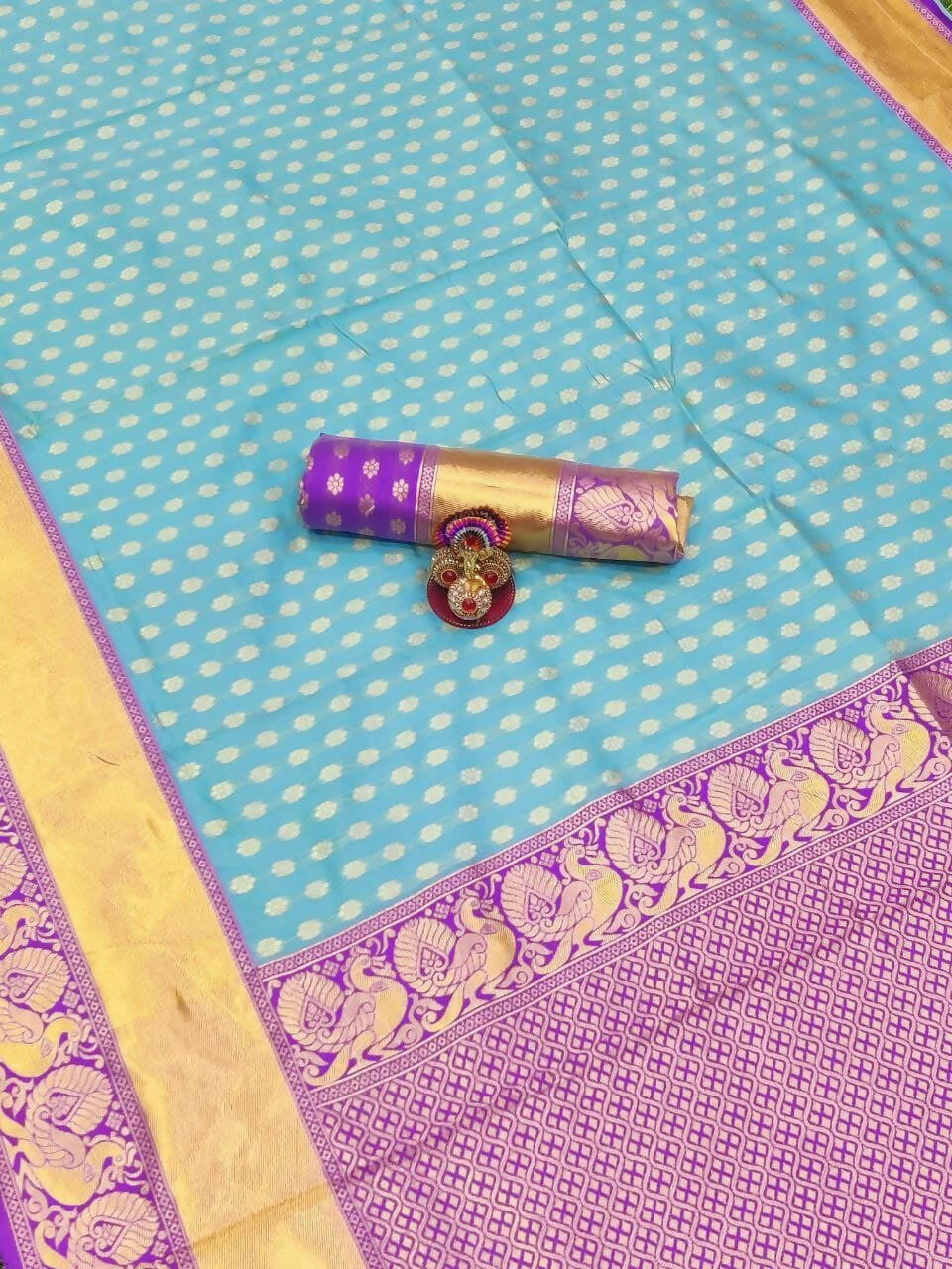 DEIANA'S Beautiful Designer Golden zari Soft Lichi Silk Saree - Sky | Grocsy